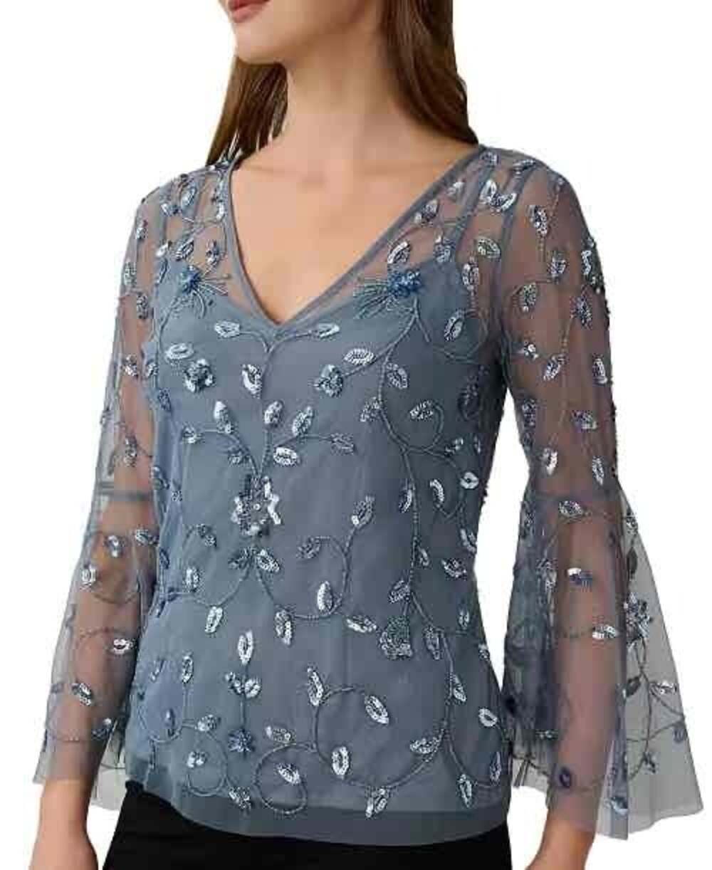 New Adrianna Papell Womens Blue Mesh Blouse Size 4 Embellished Evening Wear